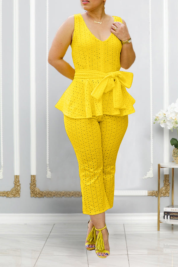 Women's Spring And Summer Solid Color Embroidered Cotton Belt Two-Piece Pants Set