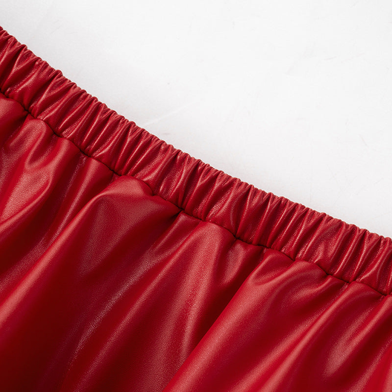 Women nightclub sexy pu Leather jacket Top flower bud SKirt Two Piece Set 16