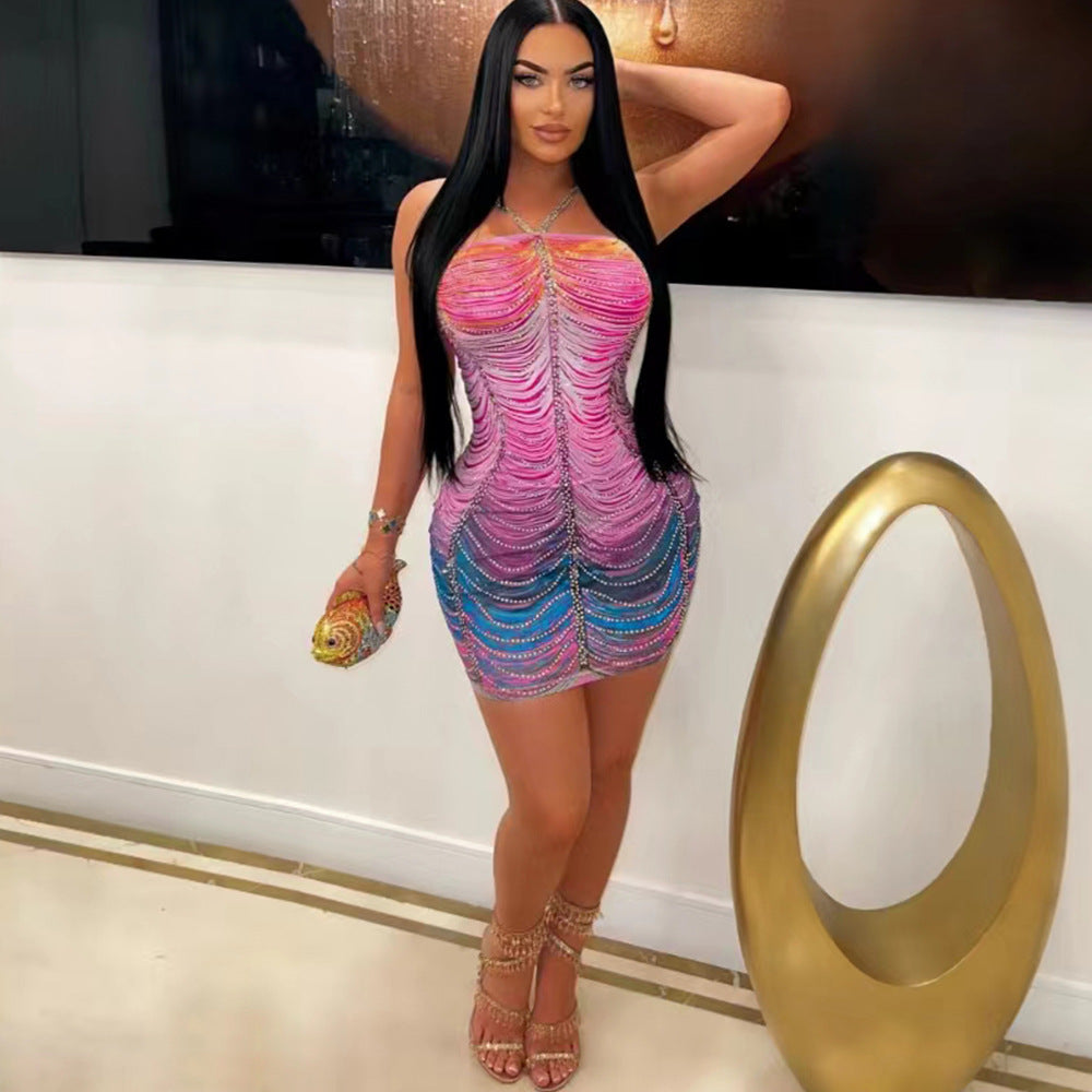 Sexy Straps Beaded Bodycon Slim Women Fashion Casual Party Dress 3