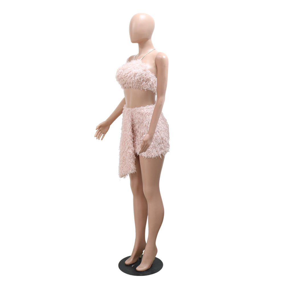 Fashionable Solid Color Halter Crop Top Mini Skirt Two-Piece Set 13