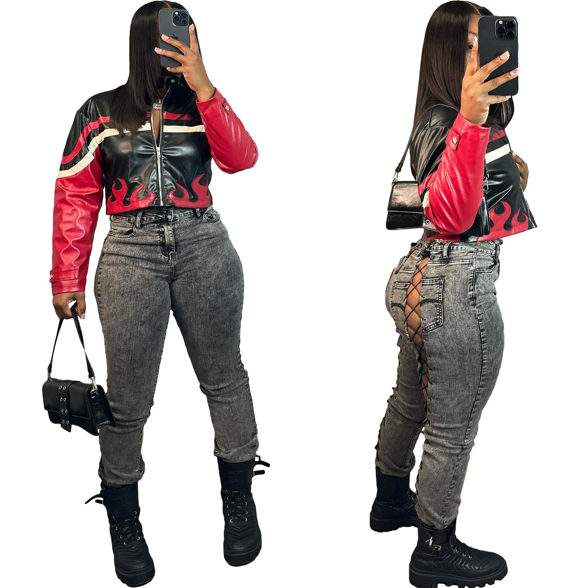 Women's Embroidered Flame Patchwork Leather Jacket 13