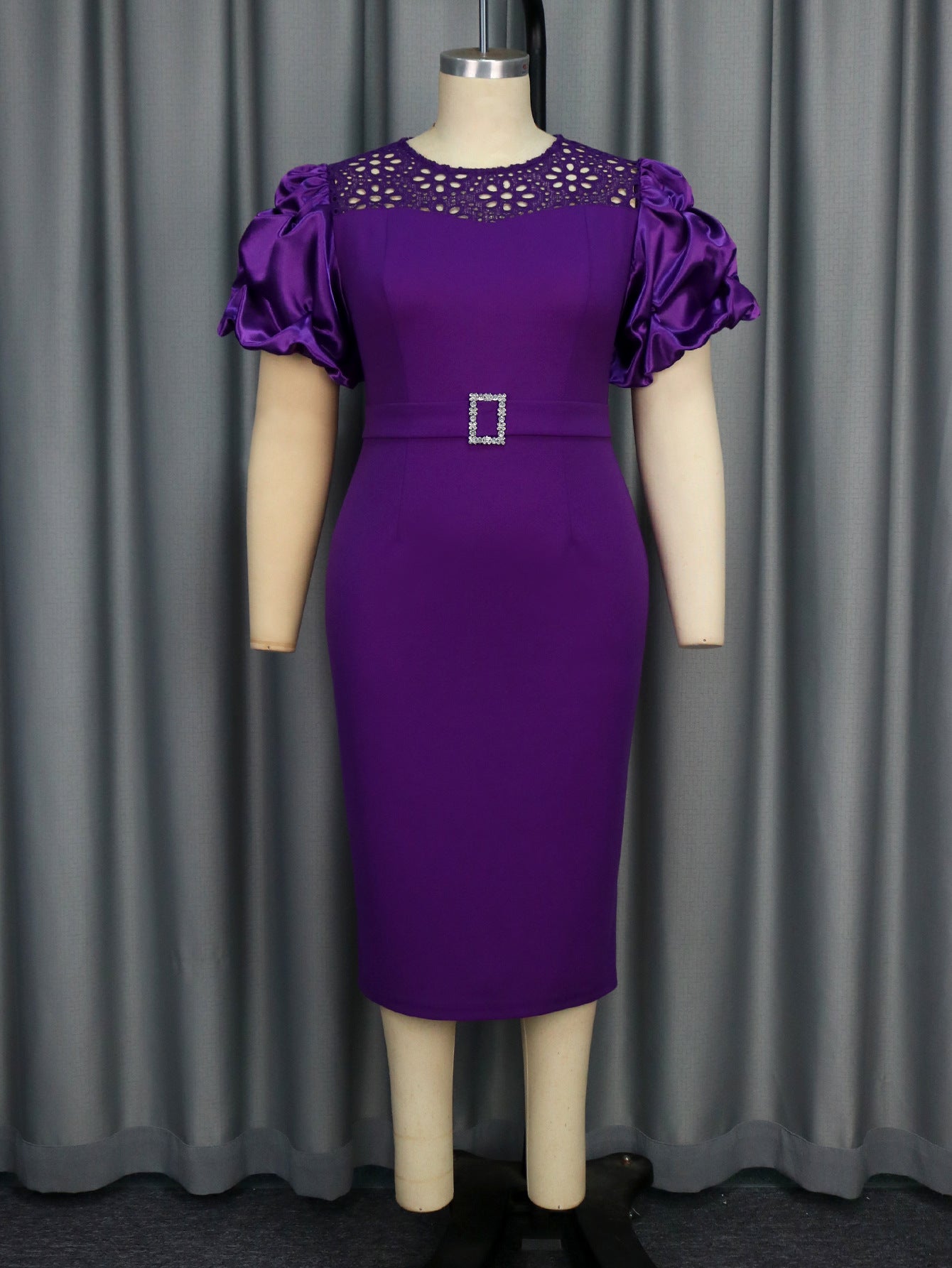 Women Lace Patchwork See-Through Round Neck Dress