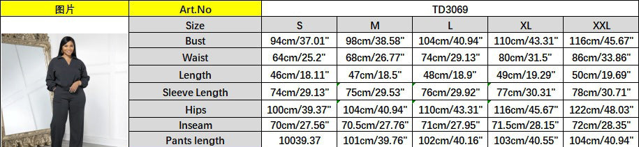 Women Fall and Winter Solid V-Neck Long Sleeve Top and Pant Casual Two-Piece Set 14