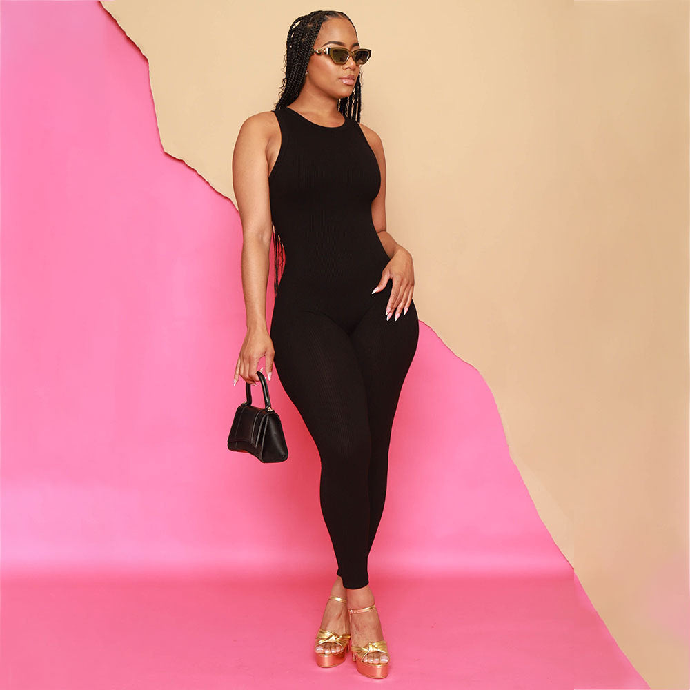 Women Solid Stretch Sleeveless Sexy Round Neck Jumpsuit 13