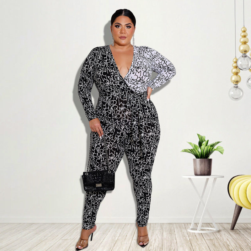 Plus Size Women Large Flower Print Jumpsuit 3