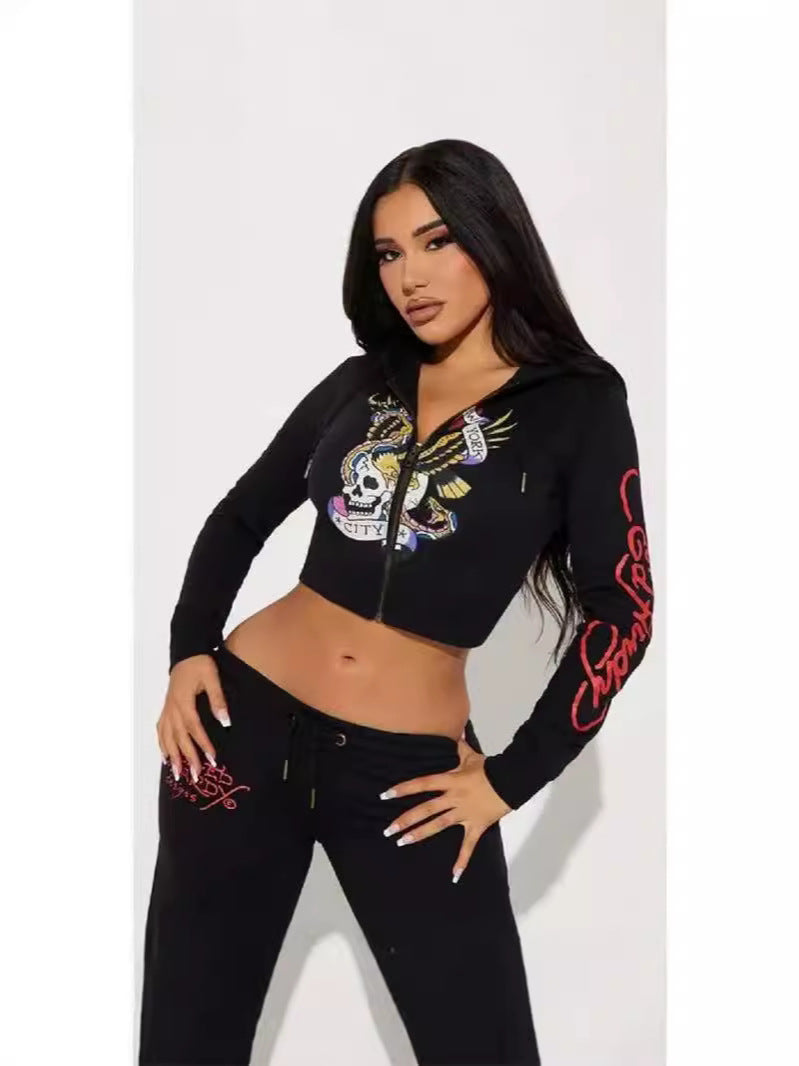Women street casual print zipper hooded Print Top and Pants two-piece set 5