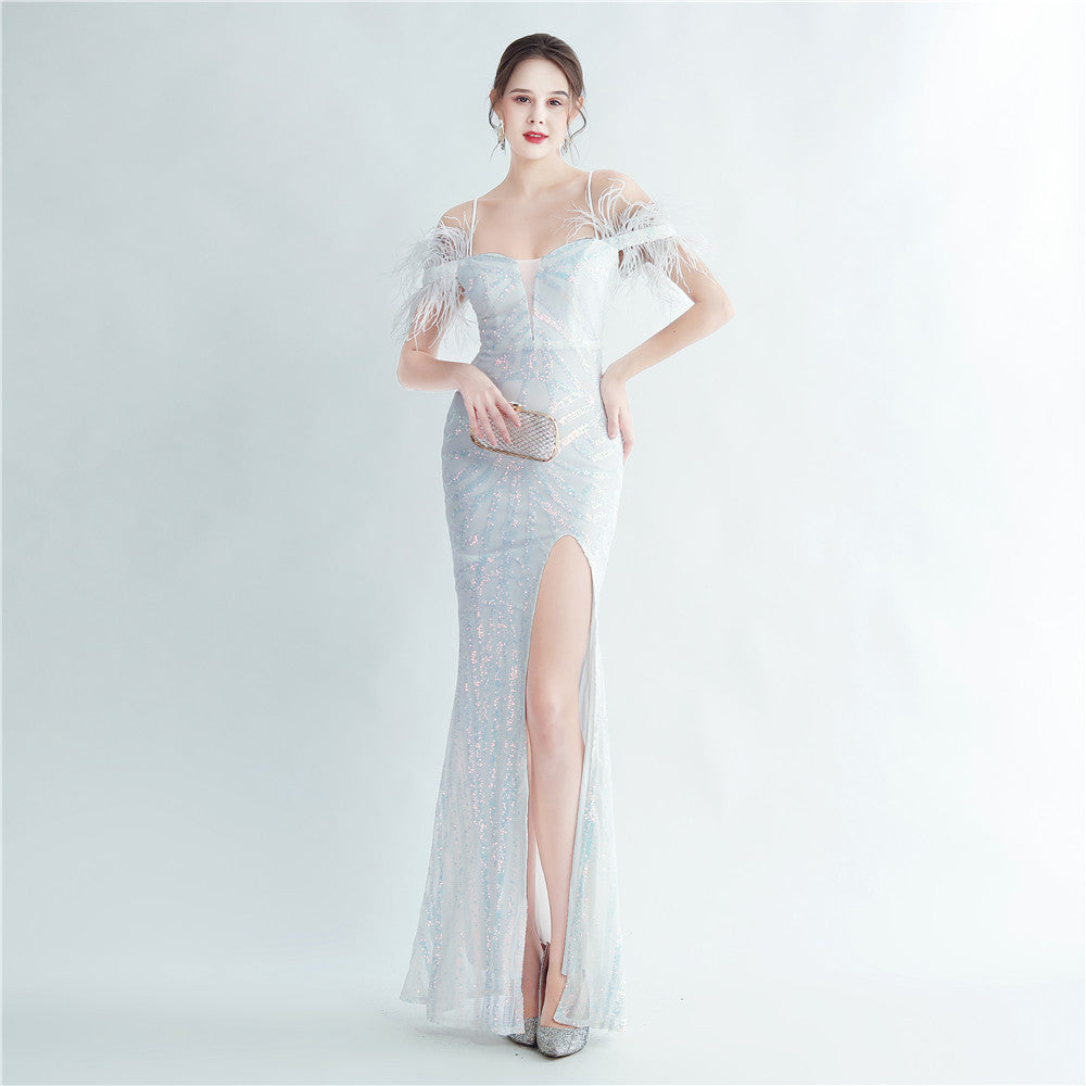 Positioning sequin feather straps off shoulder formal party evening dress 13