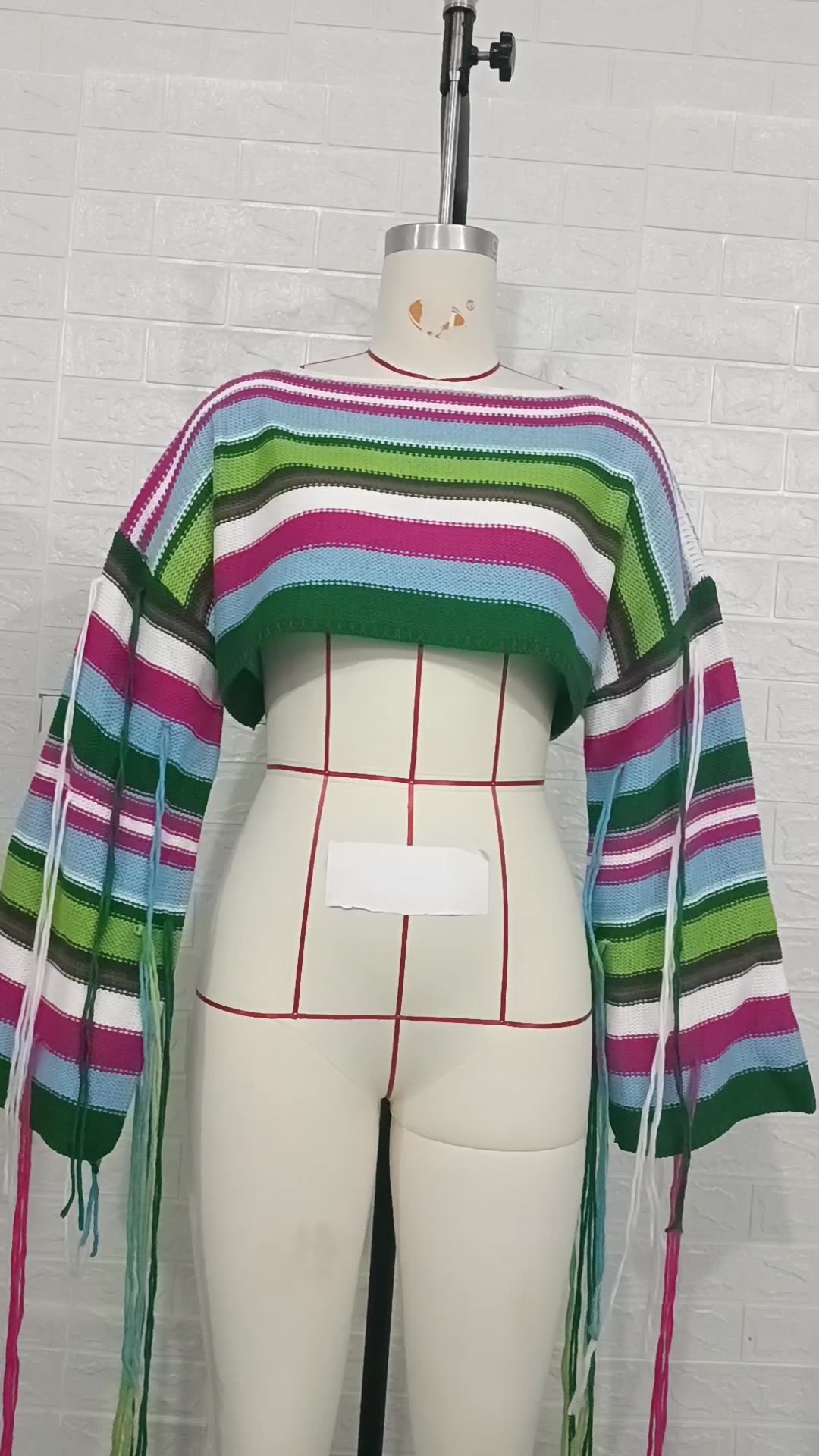 Women Rainbow Stripe Tassel Crop Loose Sweater 12