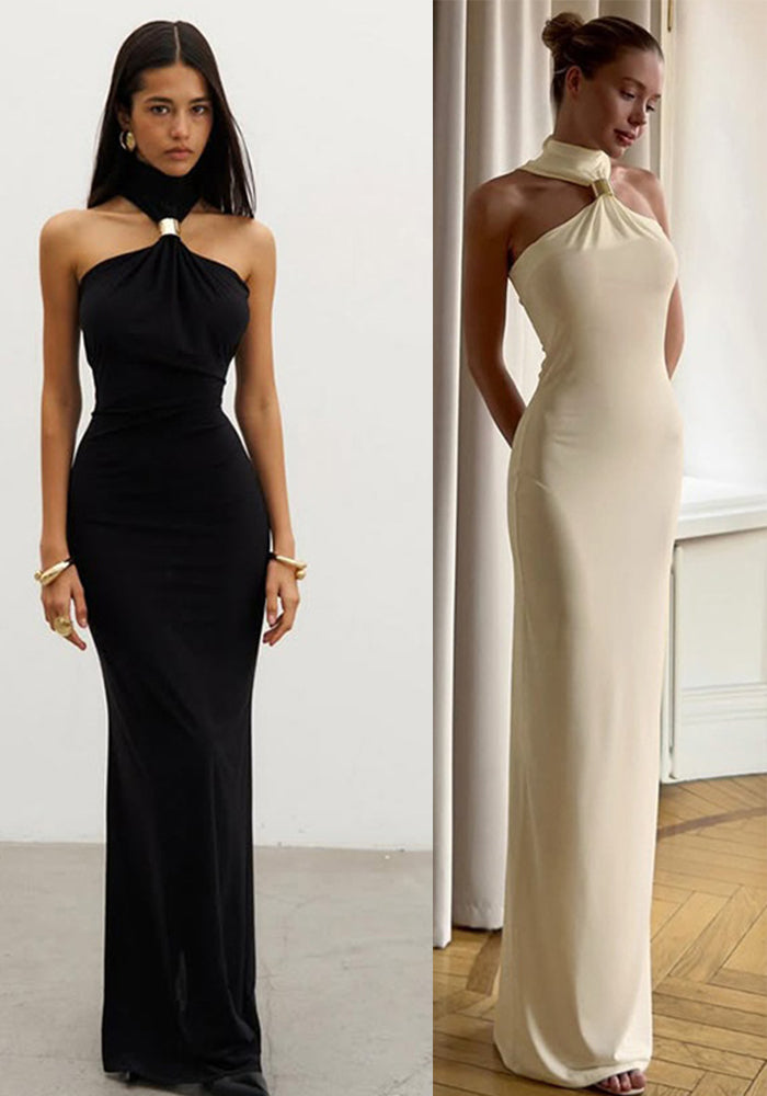 Women Spring Summer Sexy Strapless Halter Neck Solid Dress