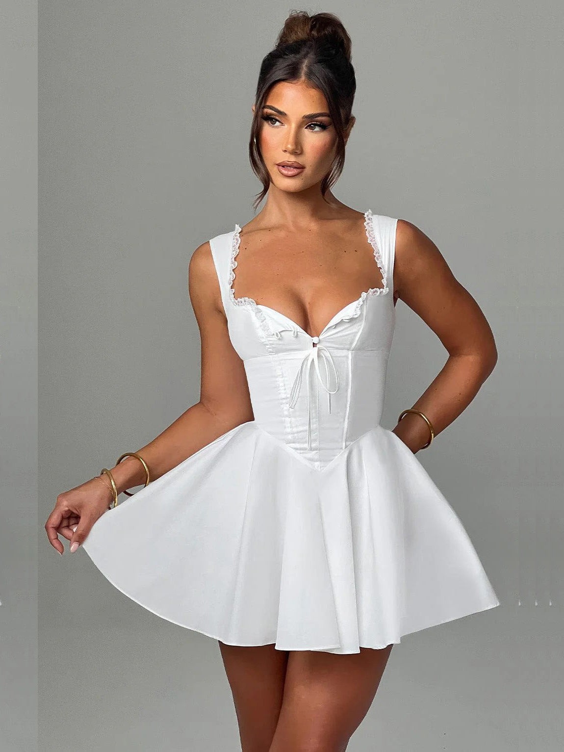 Sexy Lace Edge V-Neck Solid Color Summer Women Strap A-Line Dress 6