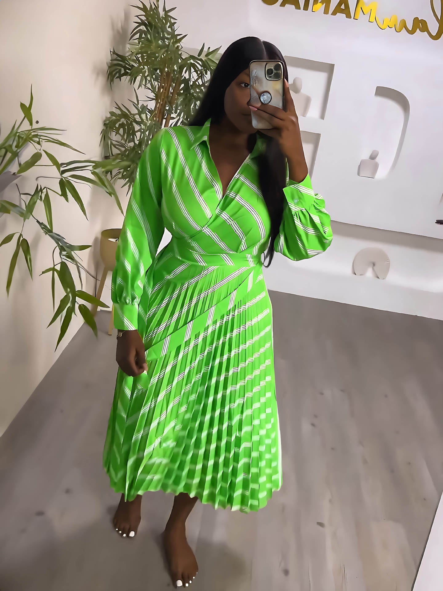 Striped Turndown Collar Casual Summer Women's  Pleated Slim Waist Long Dress 3