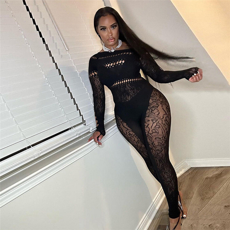 Women Sexy Hollow Knitting Jacquard High Waist Long Sleeve Jumpsuit