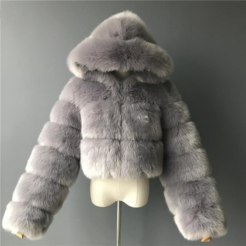 Women Faux furry Hooded Long Sleeve Crop Jacket 17