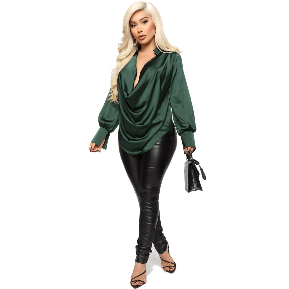 Women Satin Long Sleeve Deep V-Neck Shirt 9