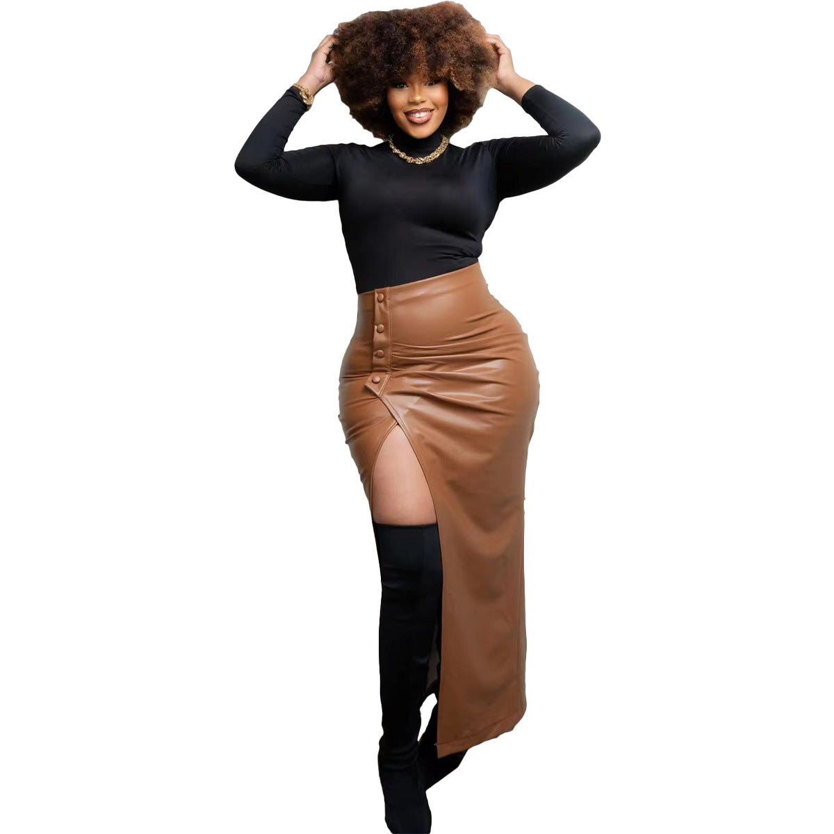 Autumn and winter women's PU high slit irregular skirt 6