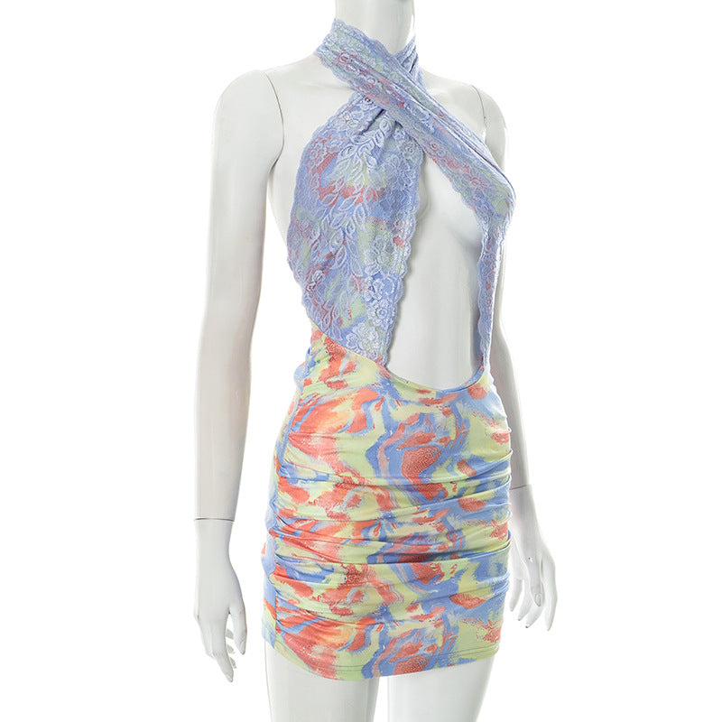 Women's Print Lace Patchwork Cross Halter Neck Bodycon Short Dress 7