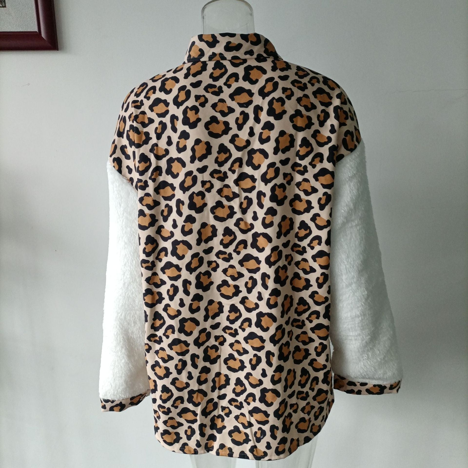 Women Turndown Collar Leopard Plaid Print Furry Patchwork Contrast Warm Long Sleeve Shirt 30