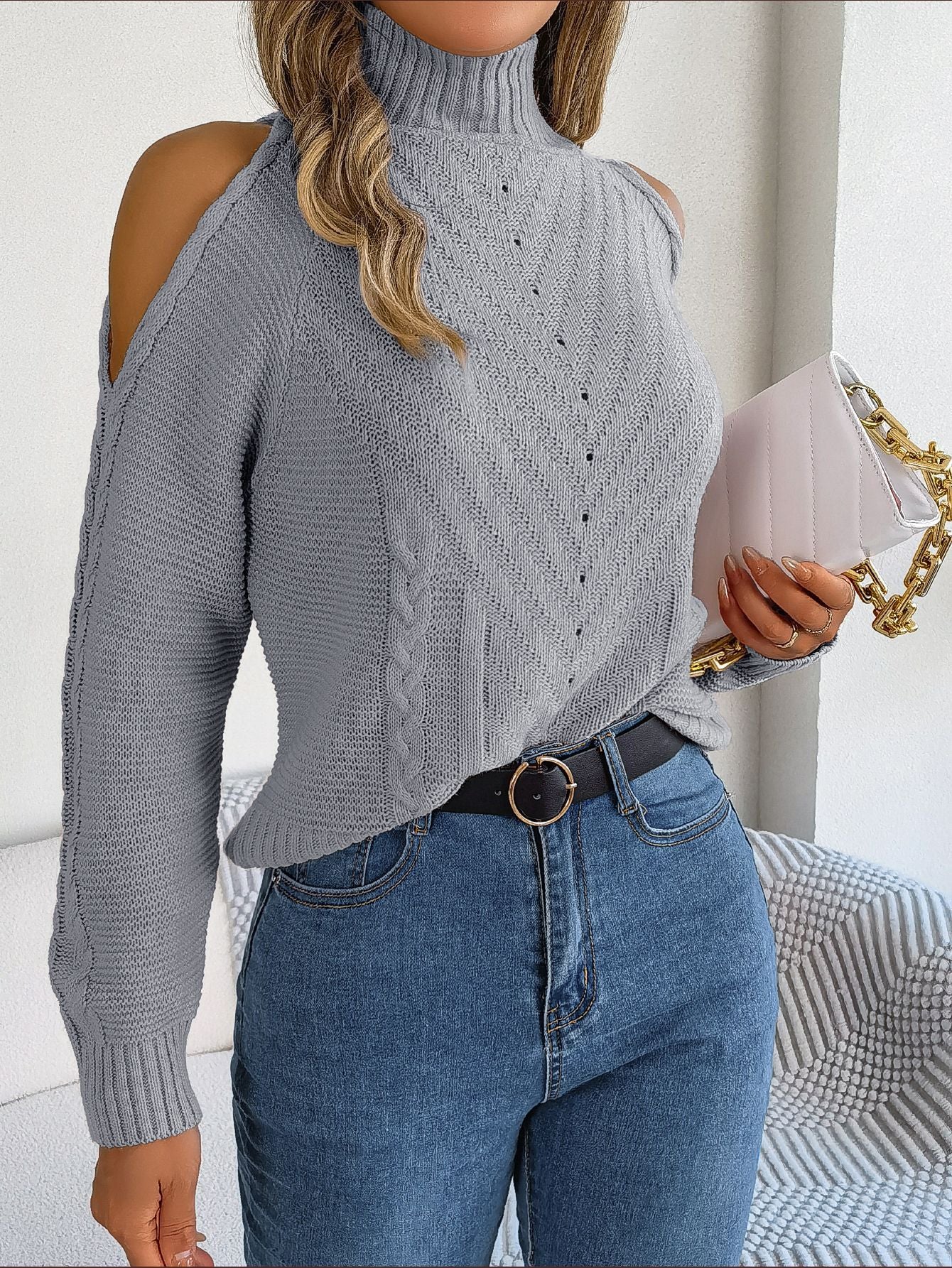 Women Casual Off Shoulder Turtleneck Cutout Long Sleeve Sweater 6