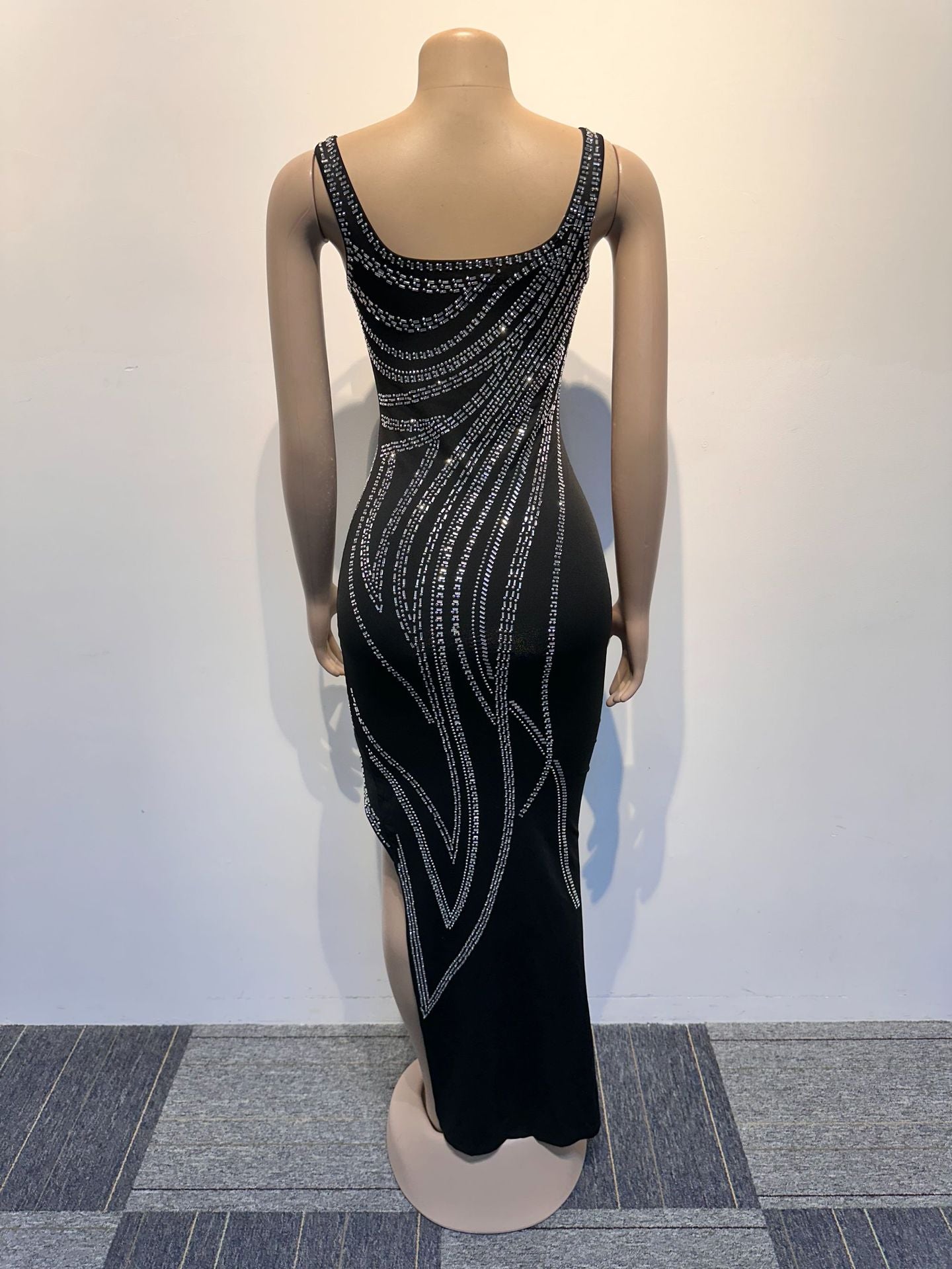 Women Sexy Beaded Sleeveless Bodycon Slit Dress 13