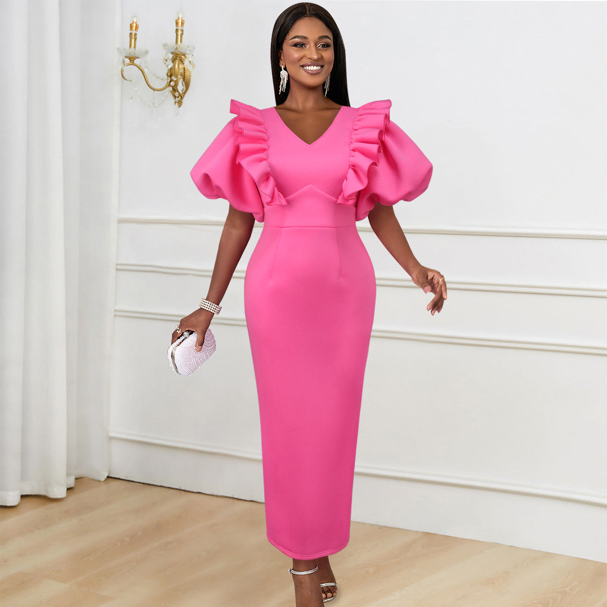 Puff Sleeve Long Dress Bodycon Formal Party Gown