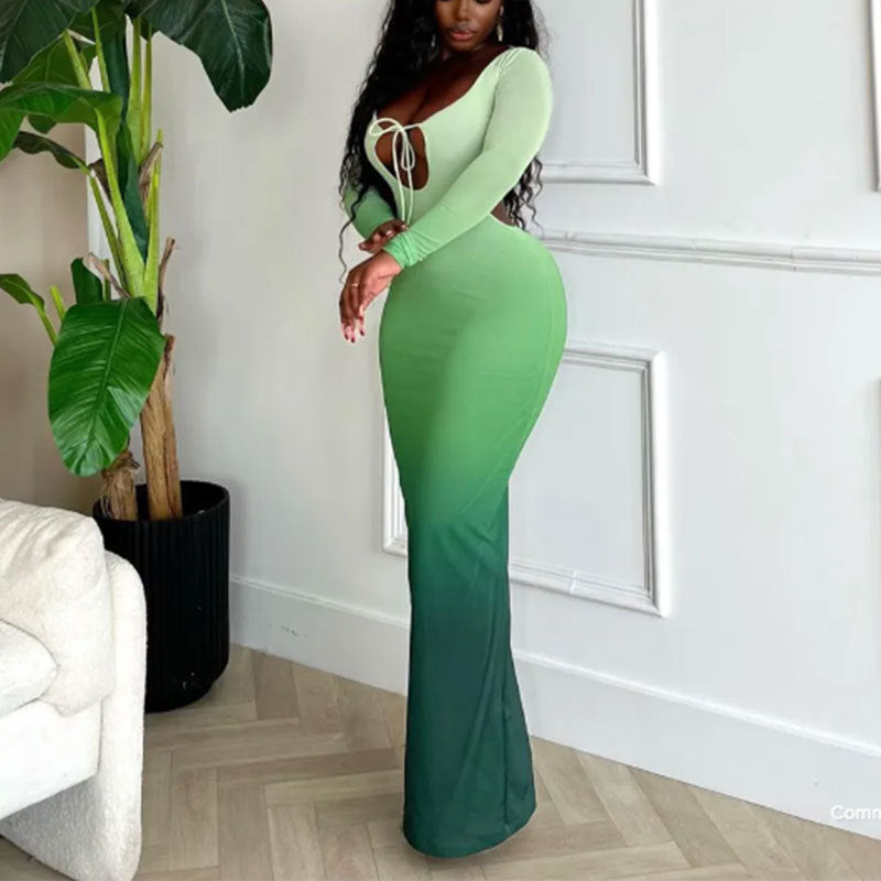 Women's Sexy Deep V Gradient Low Back Long Dress 4