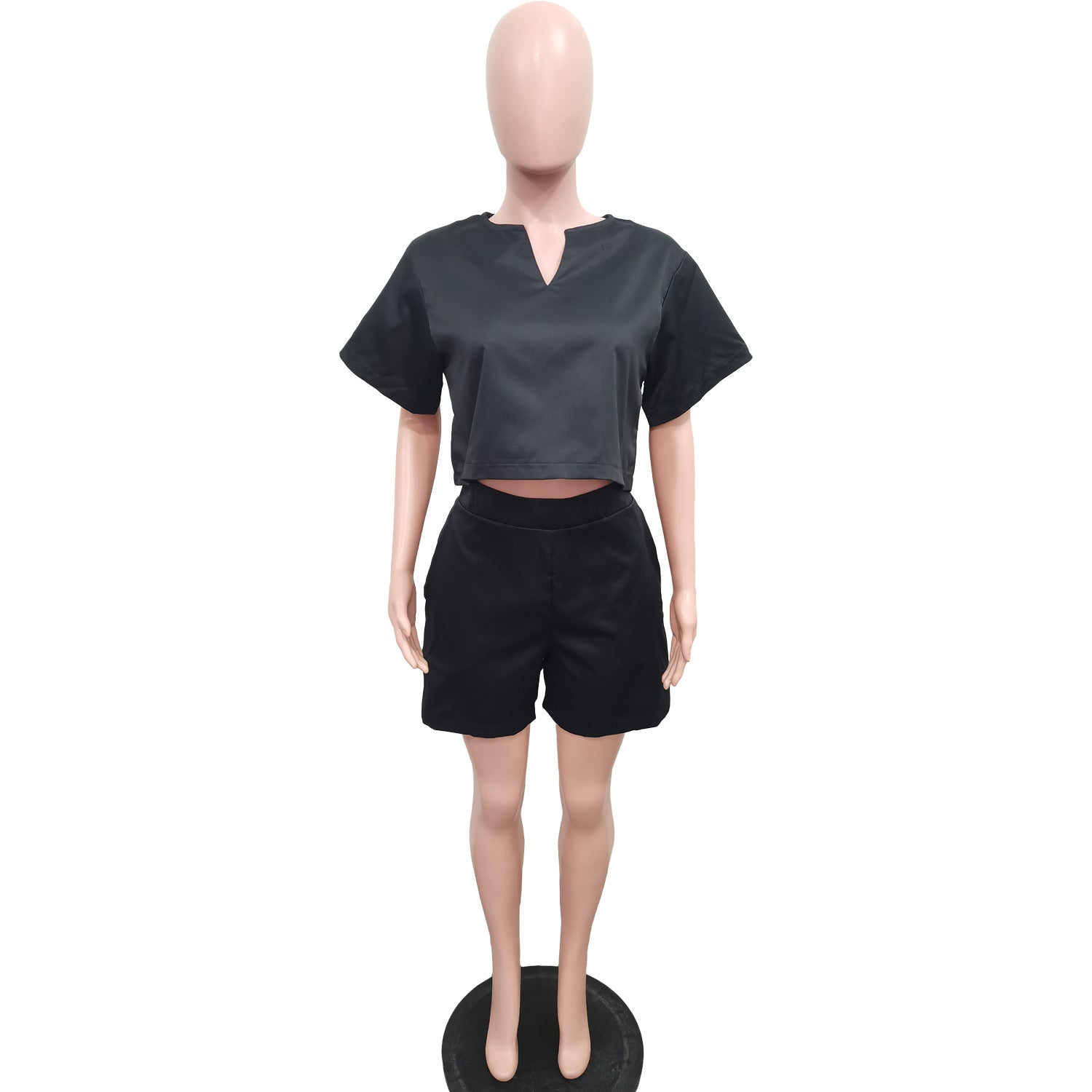 Women's Solid Color Loose V-Neck Short Sleeve Top Shorts Two Piece Set 6