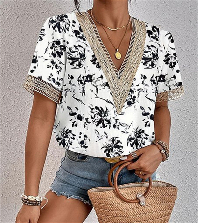 Women's V-Neck Lace Loose Blouse Chic Career Short Sleeve Women's Shirt 33