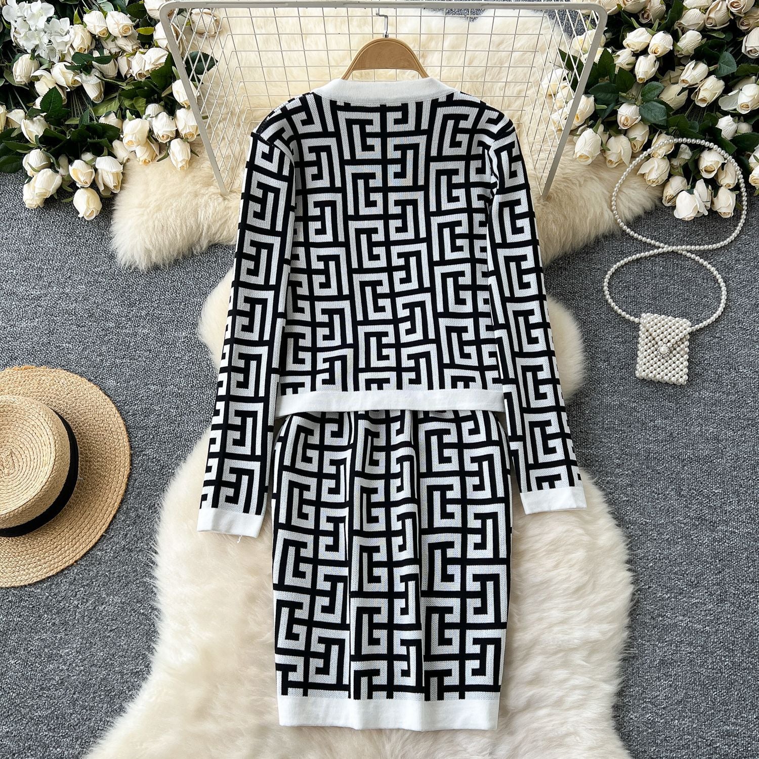 Women Cardigan Jacket Bodycon Dress Knitting Two-Piece Set 14