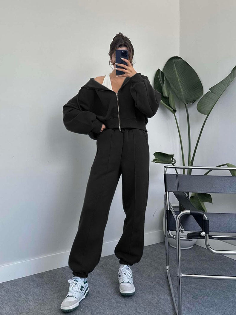 Women Autumn and Winter Solid Hoodies and Casual Hoodies Two-piece Set 3