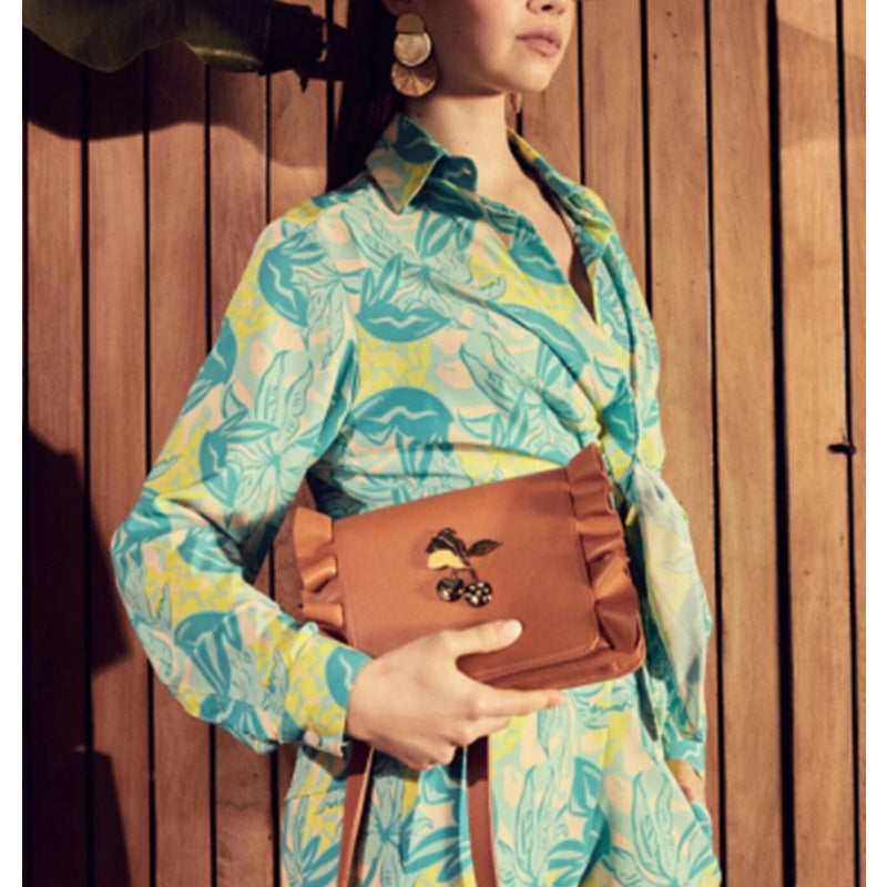 Women's Fashionable Loose Printed Long Sleeve Shirt Slit Wide Leg Pants Two Pieces Suit 4