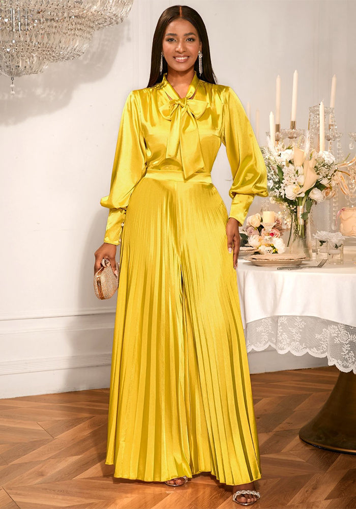 Sexy V-Neck Bow Blouse & Elegant Wide-Leg Pleated Pants Two-Piece Set