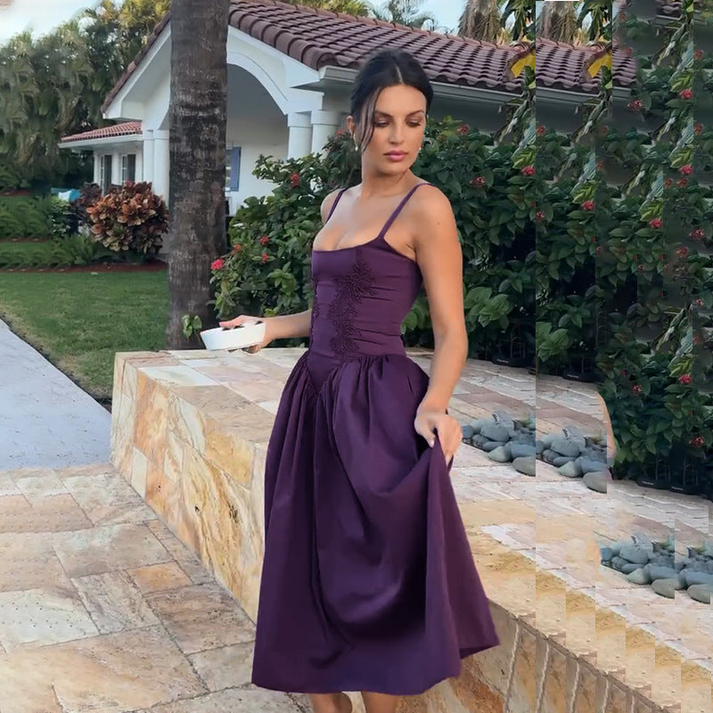 Strapless Low-Back Lace-Up Maxi Dress Floral Trim Chic Gown 3