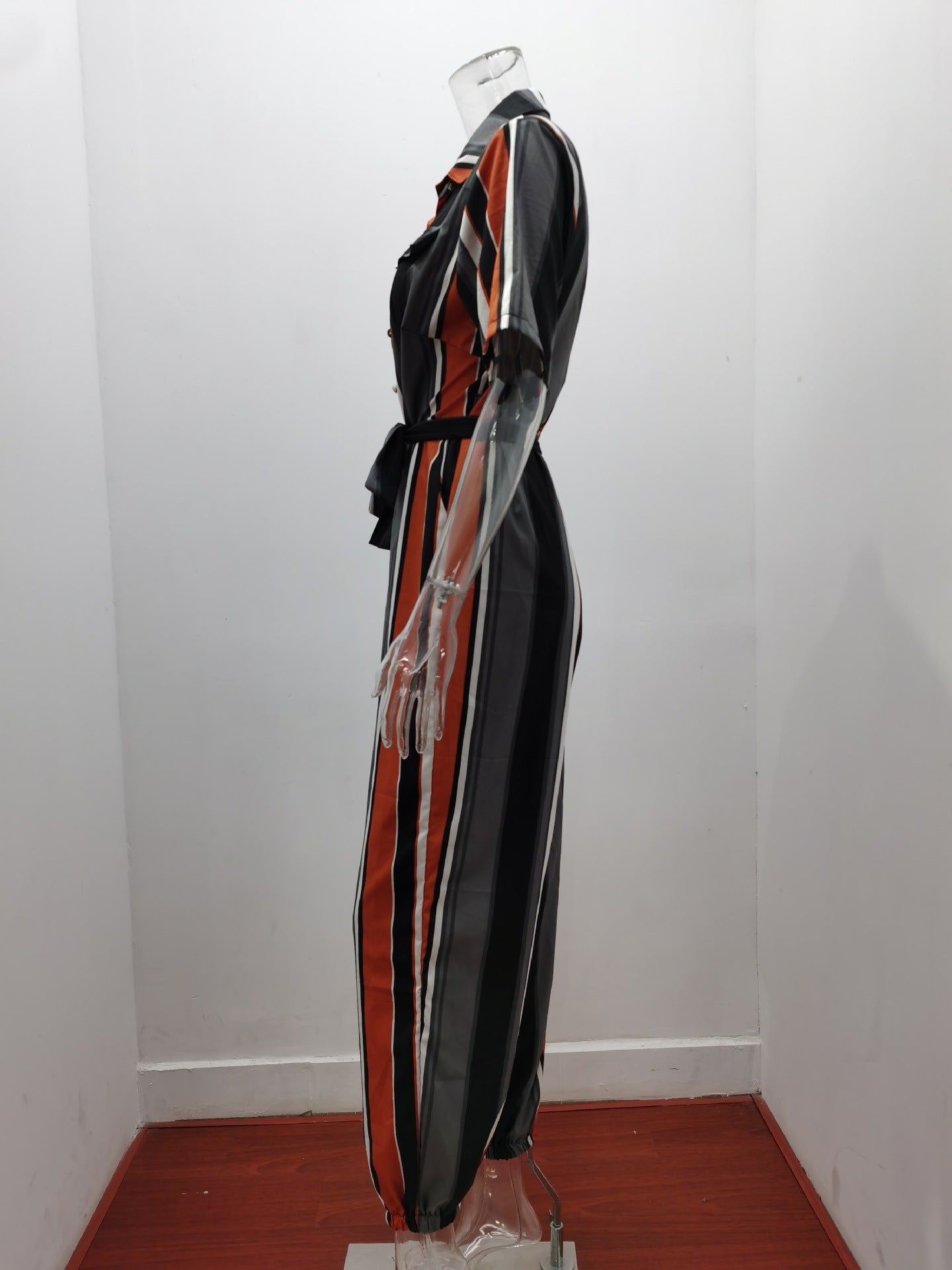 Women'S Summer Cargo Trousers Casual Turndown Collar Buttoned Printed Belt Jumpsuit 29