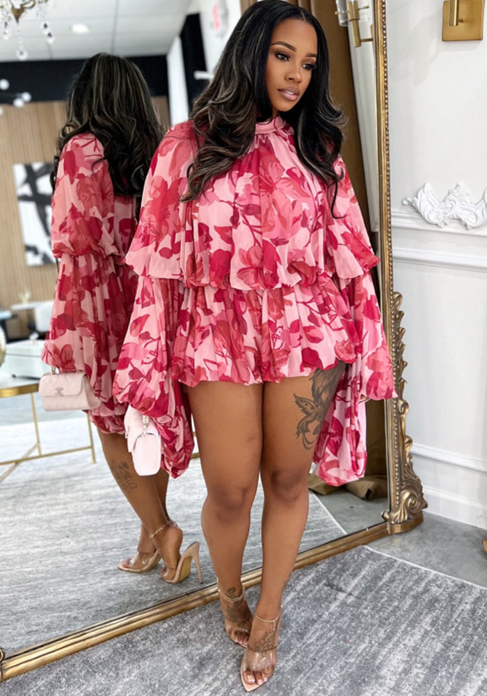 Women's Summer Casual Printed Round Neck Lantern Sleeve Two-Piece Shorts Set