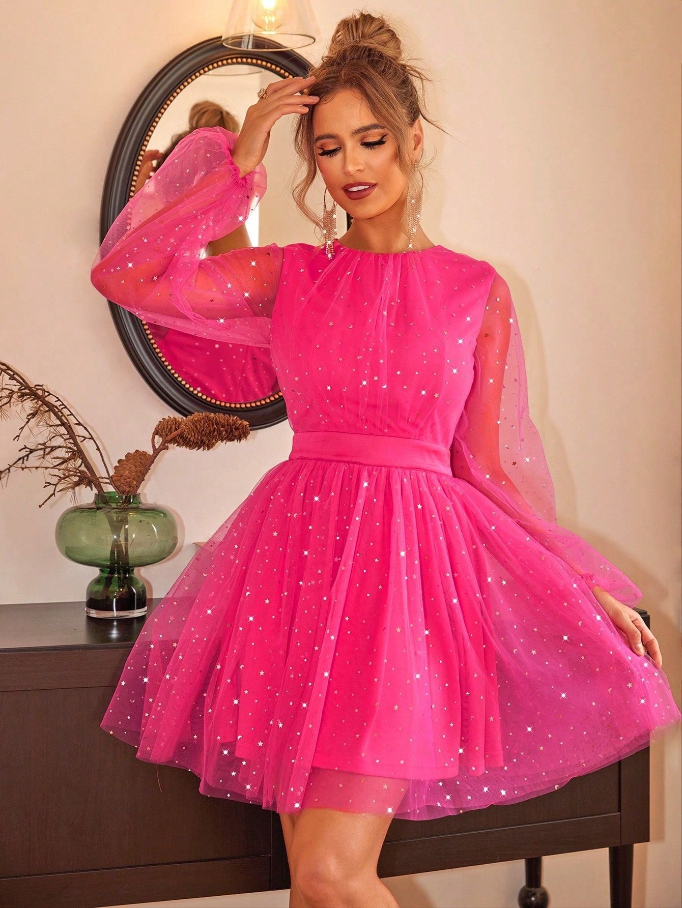 Women Star Print Lantern Sleeve Mesh Layered Dress 8