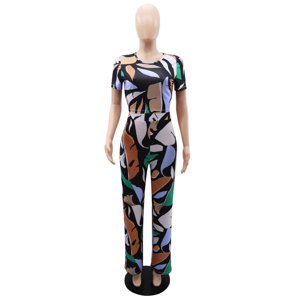 Women printed short-sleeved Casual Top and high-waisted trousers two-piece set 9