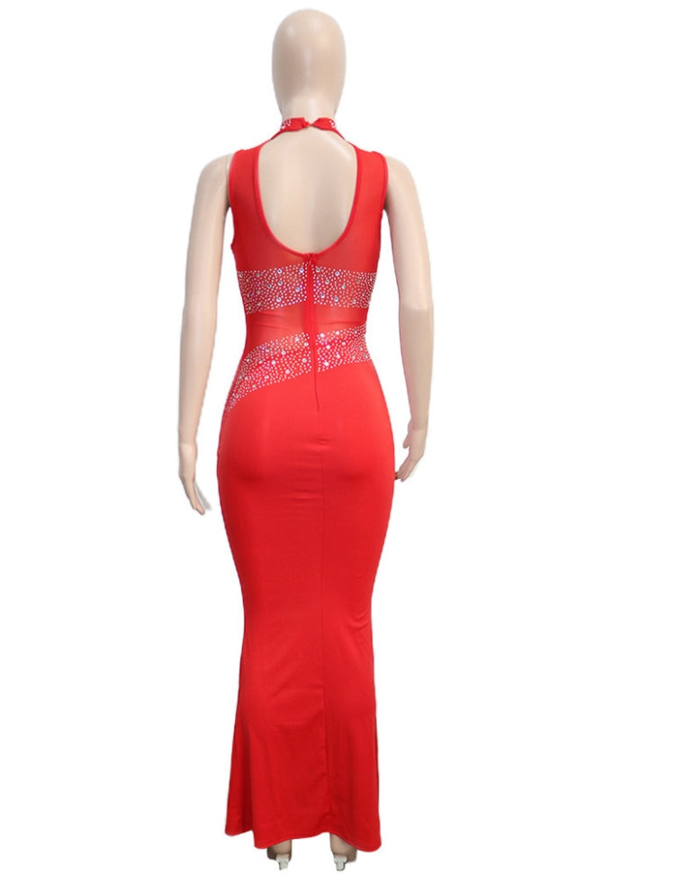 Winter Sexy Red Beaded Mesh Patch Sleeveless Evening Dress 4
