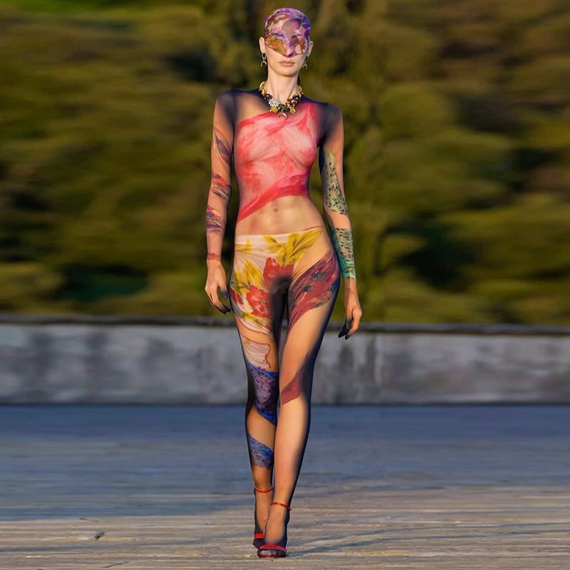 Women Body Painting Print Round Neck Long Sleeve Leg-Connected Jumpsuit 15