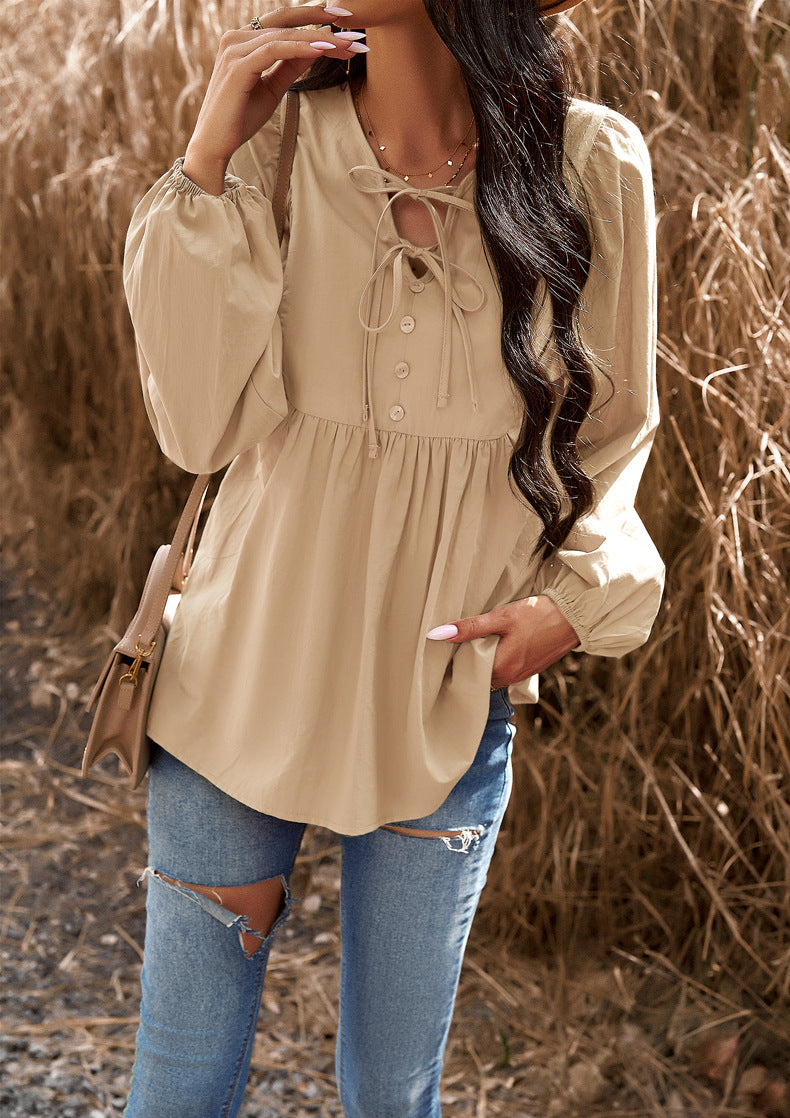 Women Chic Career Solid V Neck Long Sleeve Top 9