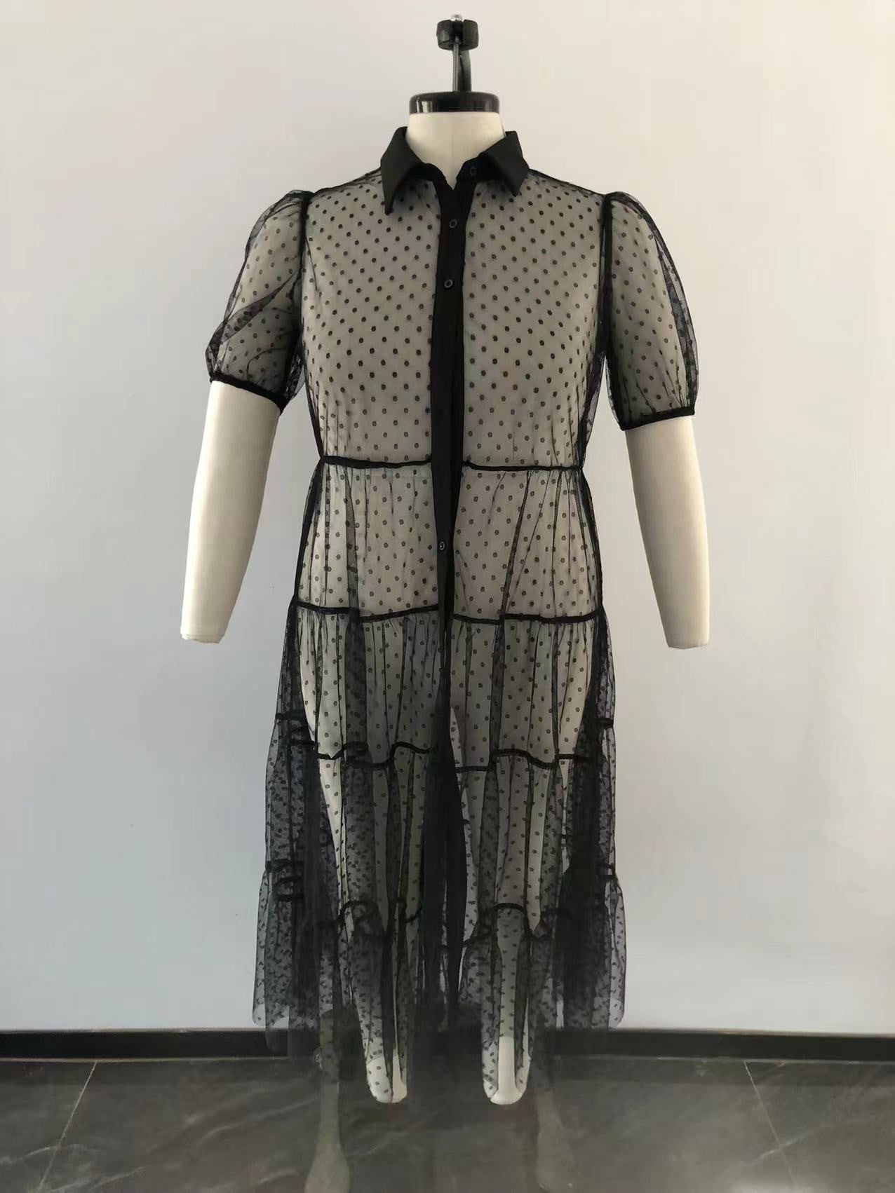 Plus Size Women Polka Dot Mesh Pleated Casual Dress 7