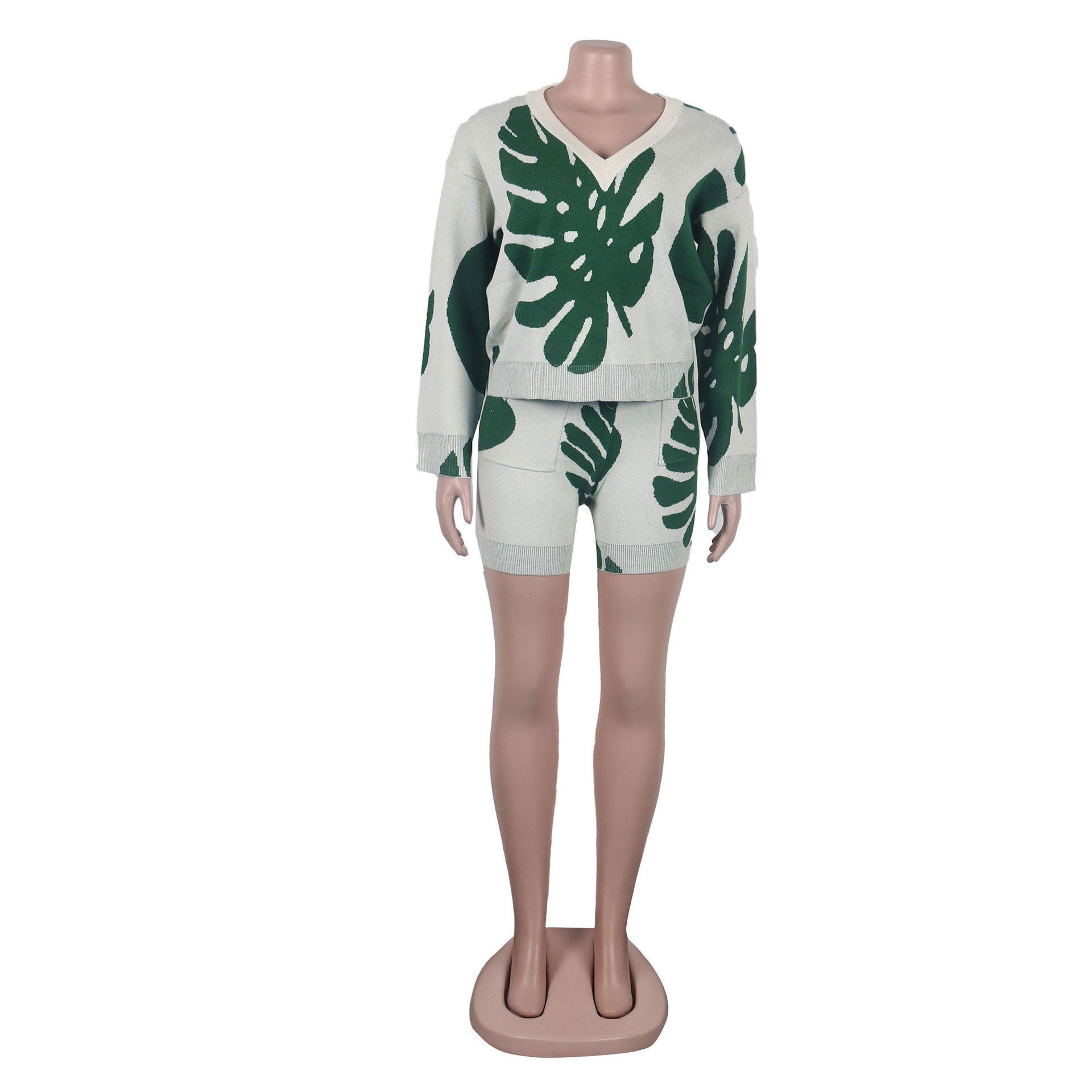 Sexy Leaf V-Neck Pullover Long-Sleeved Sweater Two-Piece Set 14
