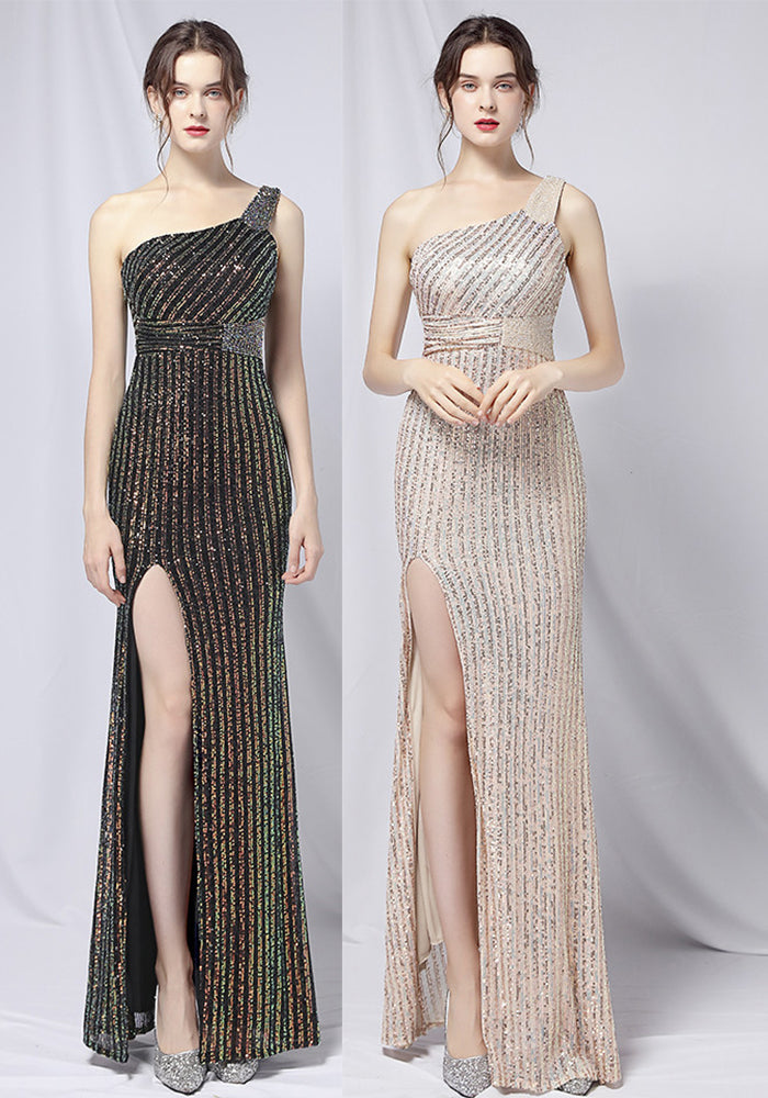 Summer Formal Sequin One-Shoulder Slit Evening Dress