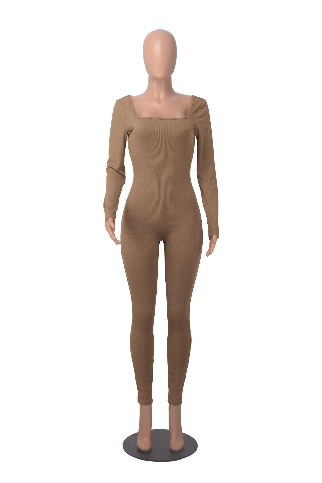 Women's Solid Color Long Sleeve Ribbed Square Neck Low Back Butt Lift Slim Athletic Jumpsuit 33
