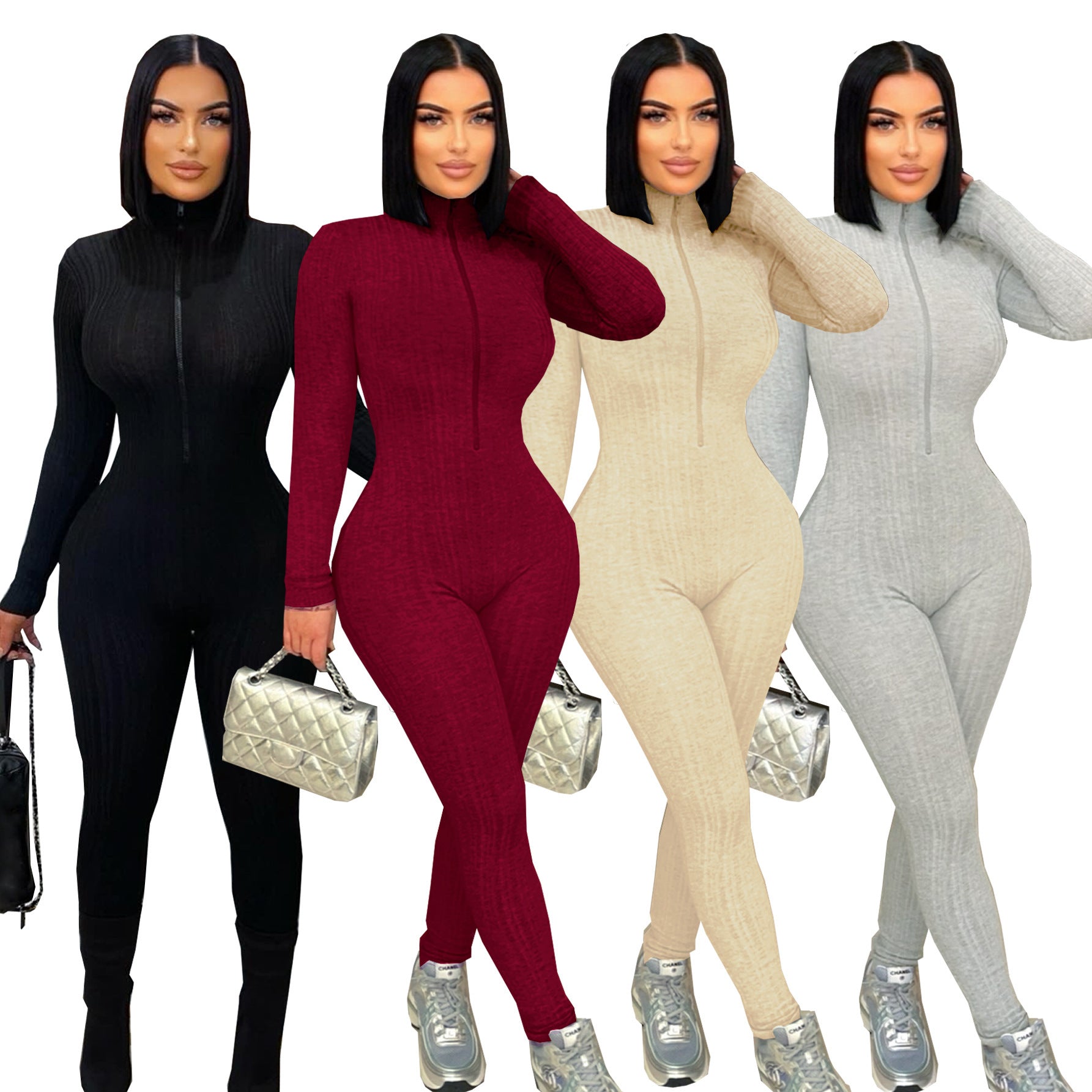 Women's Slim Fit Jumpsuit High Stretch Knitting Long Sleeve Stand Collar Zipper Casual Sporty Romper 11