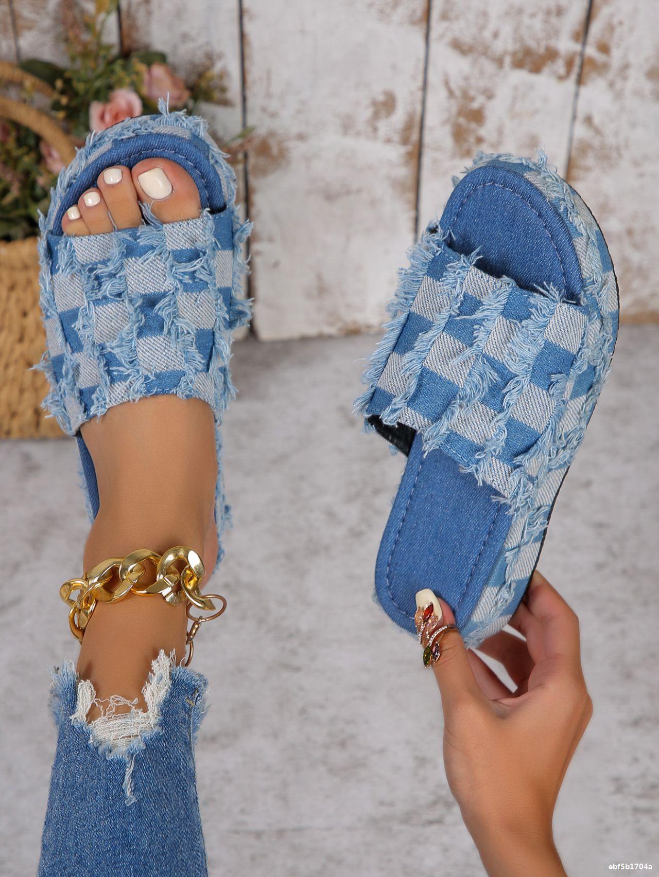 Women Washed Denim Platform Slippers 7