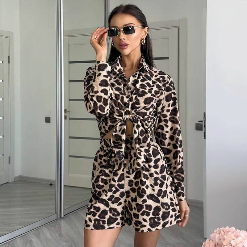 Summer Leopard Print Long Sleeve Shirt And Shorts Two-piece Set 6