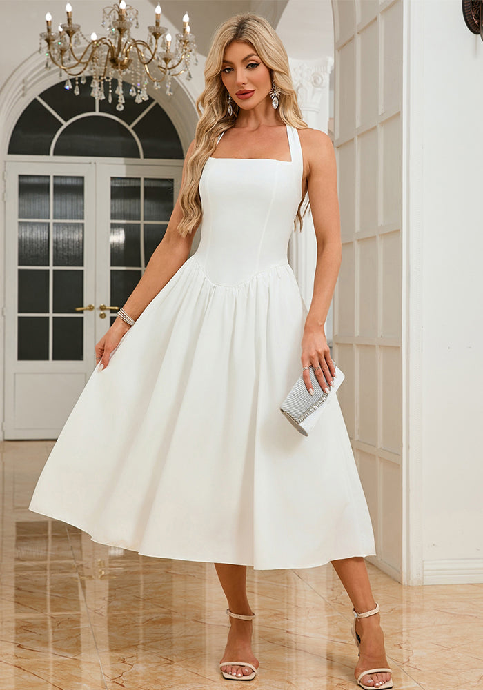 Women Sleeveless Halter Neck Backless Strap Dress