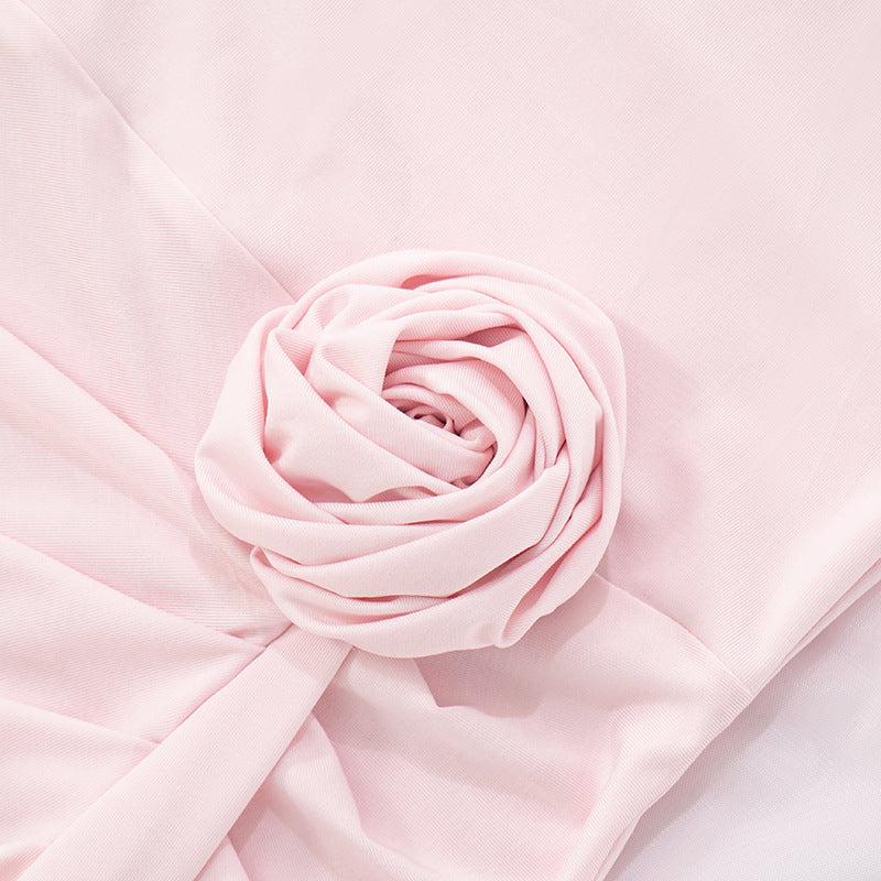 Women Strapless Flower Ribbon Slit Dress Tailed Maxi Dress 14