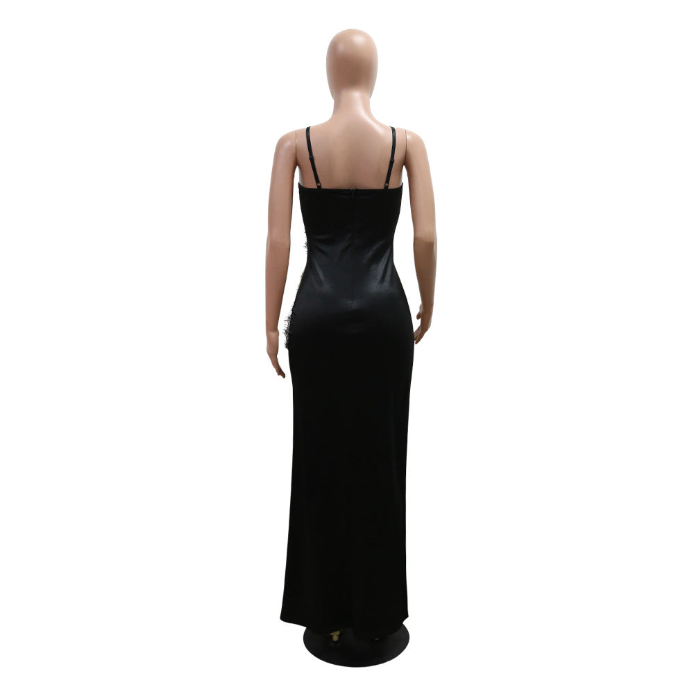 Sexy Solid Color Beaded Strap Irregular Party Dress Women Slit Long Gown 12