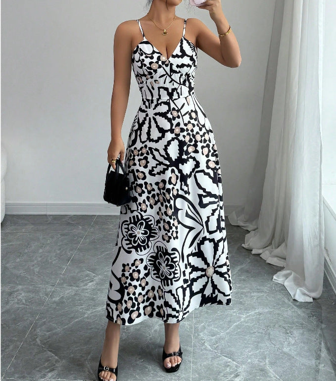 Women Summer American Sexy Print Suspender Elegant Dress